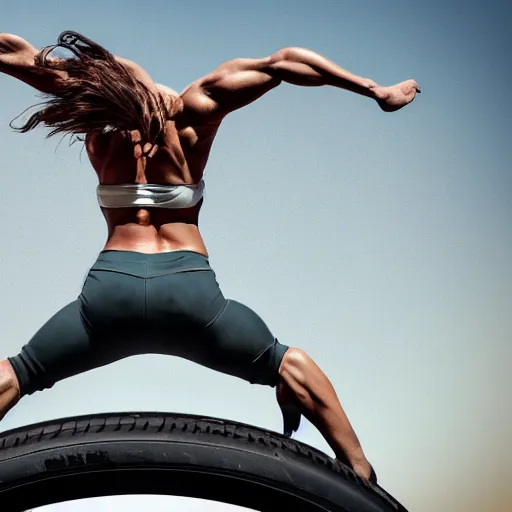 Image similar to car jump, bodybuilder, woman, holding, photo, digital art, hands, underbody, tire, throw, standing