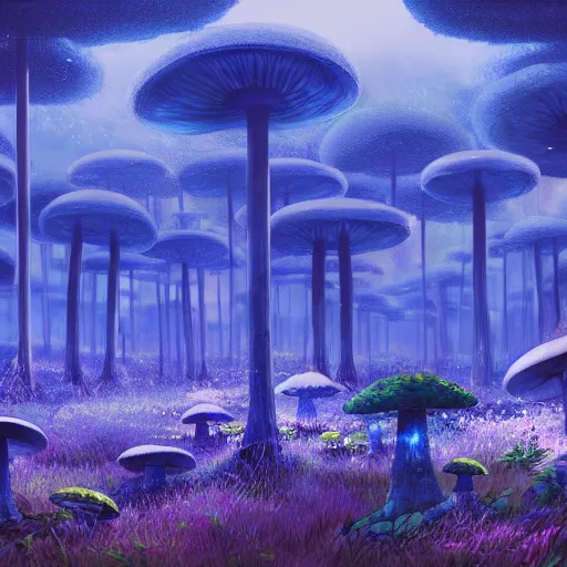 Prompt: forest of giant blue mushrooms, at night, glowing flowers, exotic flowers, realistic, matte painting, mist, cinematic lighting, artstation, hrdp, style=anime, atmospheric lighting, studio Ghibli, hiroshi Yoshida