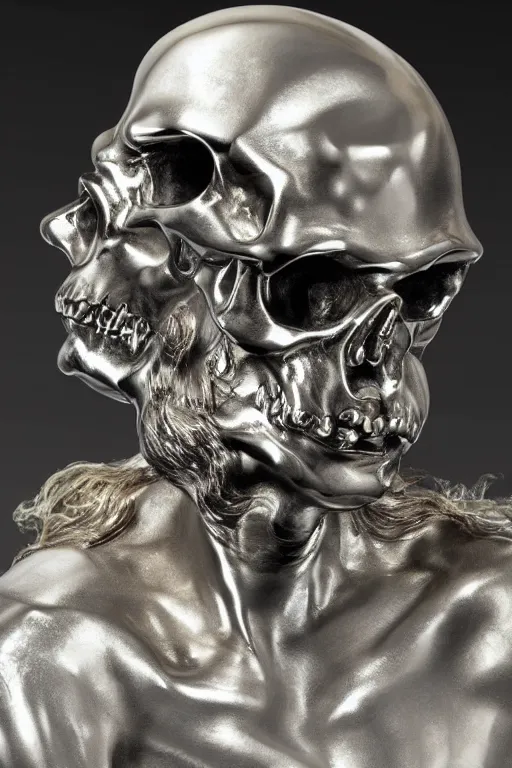 Prompt: opened head showing part of the silver skull sculpture by bernini and hedi xandt made with black marble with partial gold plating, realistic