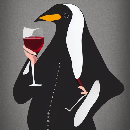 Prompt: a pingouin in a classy suit holding a cup of wine, digital art