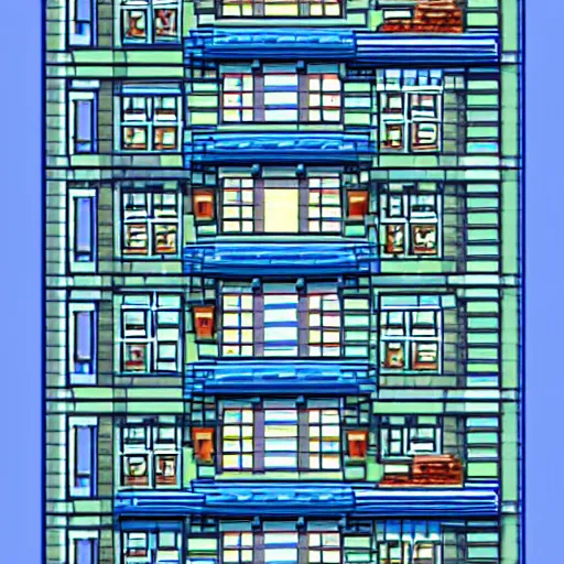 Image similar to a building with a lot of windows on top of it, pixel art by kagaku murakami, behance contest winner, neogeo, anime aesthetic, # pixelart, isometric