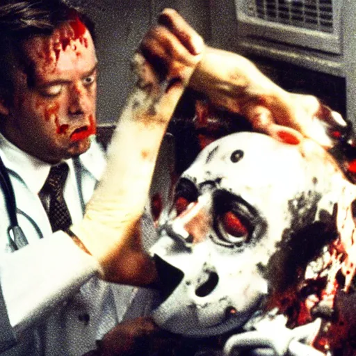 Image similar to filmic extreme wide shot dutch angle movie still 35mm film color photograph of a doctor getting his head sliced clean in half, dripping blood, in the style of an intense nightmarish realistic very disturbing extreme horror film