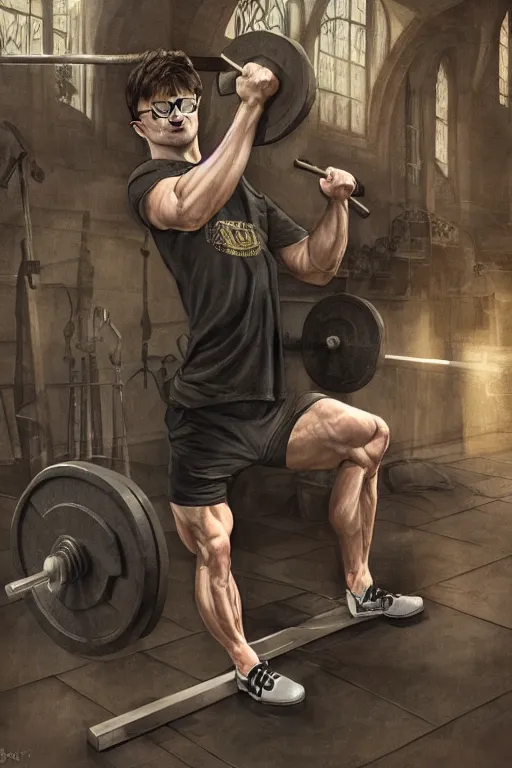 Prompt: highly detailed rendering of Daniel Radcliffe as Harry Potter doing barbell back squats, dingy workout gym, wearing a muscle tee shirt, muscular deep squats, symmetrical, highly detailed, digital painting, artstation, concept art, smooth, sharp focus, illustration, cinematic lighting, art by artgerm and greg rutkowski and alphonse mucha