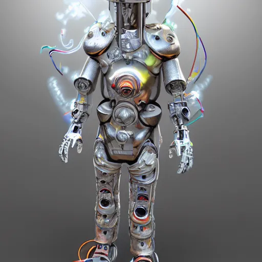 Prompt: 3 d render of light white rainbow medieval armour, waterfall, cybernetic mushroom people, tamborine, salt shaker, happy friend, fire, lamps, aurora, rave, isolate, wizard, ramen, wires, robot, money, corporate, business, pleading artstation hq, artstation hd, fantasy