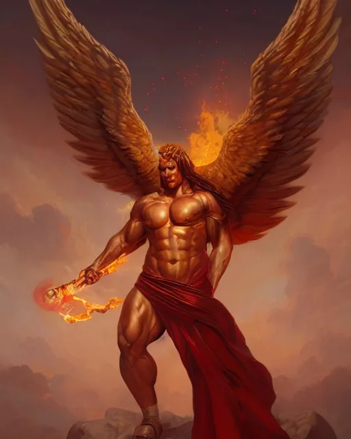 Prompt: character portrait of a muscled male angel of justice with fiery golden wings, by peter mohrbacher, mark brooks, jim burns, marina abramovic, wadim kashin, greg rutkowski, trending on artstation