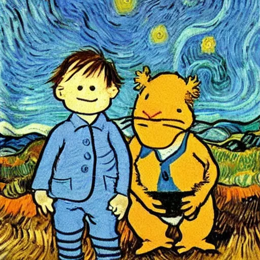 Image similar to portrait of calvin and hobbs, detailed, by beatrix potter annd van gogh