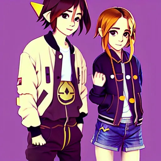 Image similar to beautiful boyish emma watson in majora's mask, wearing oversized mayan bomber jacket with overalls and leotard, bulky poofy bomber jacket with mayan patterns, aztec street fashion, gapmoe yandere grimdark, trending on pixiv fanbox, painted by greg rutkowski makoto shinkai takashi takeuchi studio ghibli, akihiko yoshida