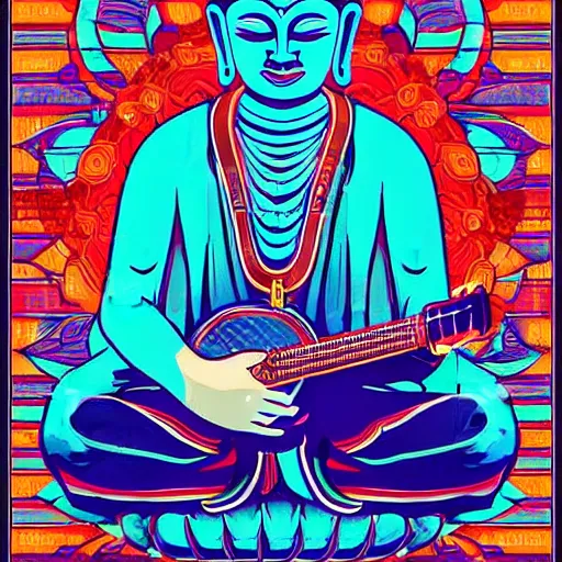 Prompt: buddha playin guitar with his band. symmetrical anatomy, very detailed design, complexity of the picture, with pop punk style, colorful, accompanied by body, pure image without duplication, trending dribble, drawn by vinicius gud and gustavo zambelli