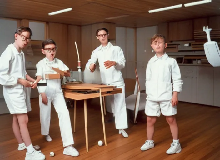 Prompt: realistic photo of a three young scientists wearing white shorts, cone heads, casting a levitating thunderbolt, in a spacious living room sci - fi laboratory with many wooden gadgets made of wood interior is made of wood 1 9 9 0, life magazine reportage photo, natural colors