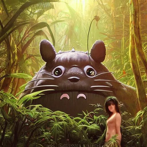 Prompt: portrait of a scary horrific totoro in a dense jungle at sunset, detailed, centered, digital painting, artstation, concept art, donato giancola, alphonse mucha, Joseph Christian Leyendecker, WLOP, Boris Vallejo, Breathtaking, 8k resolution, extremely detailed, beautiful, establishing shot, artistic, hyperrealistic, beautiful face, octane render