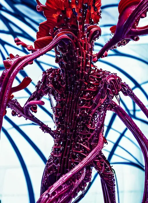 Prompt: walking down the catwalk, ben watts, show, stage, vogue photo, podium, fashion show photo, iris van herpen, beautiful woman, full body shot, helmet on face, masterpiece, plant predator, guyver, jellyfish, biomechanical details, movie still, fauvism, cinestill, bokeh, gelios lens