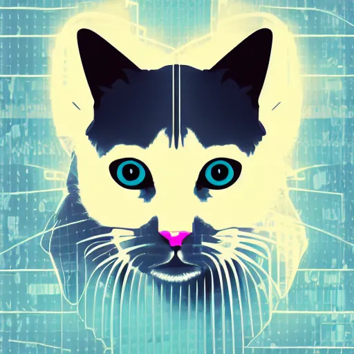 Image similar to a simplified vector based illustration about a cyberpunk kitten, centred face portrait, space colors, smooth and clean vector curves, no jagged lines