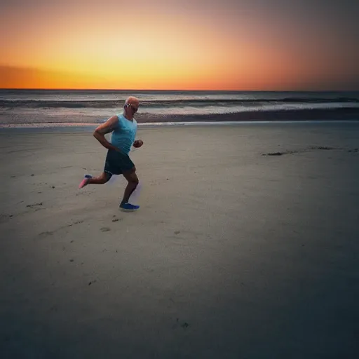 Image similar to Walter White running on the beach, artistic, 8k, cinematic, accurate, symetric, face, dramatic lighting, pastel colours