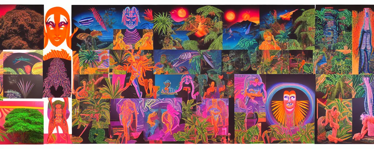 Image similar to 1978 cut out collage, theater stage, neon aztec, dusk on Jupiter, epic kabuki, tropical fish, ancient plants, film noir, in part by Alex Grey, part by Hale Woodruff