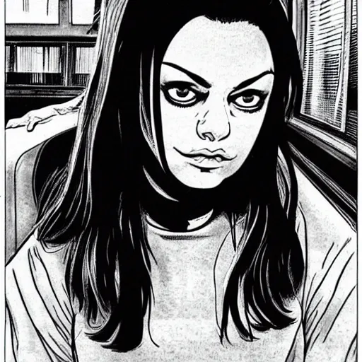 Prompt: Mila Kunis on the bus by Junji Ito