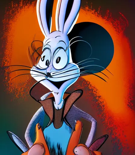 Image similar to TIm Burtons style Bugs Bunny by Alex Pardee and Nekro and Petros Afshar, and James McDermott,unstirred paint, vivid color, cgsociety 4K