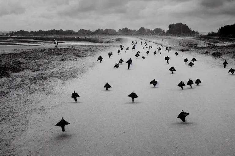 Prompt: Anthropomorphic tortilla chips charging across a beach, WW2 Normandy Foy Arnhem 1944, associated press award winning photography, black and white, Trending on Artstation