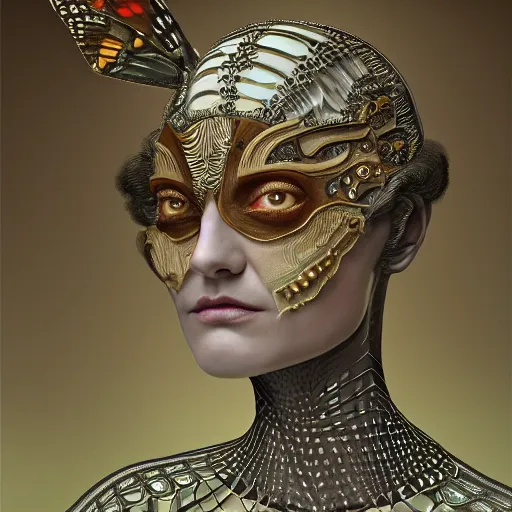 Prompt: a baroque neoclassicist close - up renaissance portrait of a beautiful art deco insect queen with glowing eyes, in profile, moth wings with geometric patterns, reflective detailed textures, baroque dark fantasy science fiction painting by diego rivera and jean delville and moebius and tom bagshaw, dramatic lighting, silver and muted colors, artstation, octane render