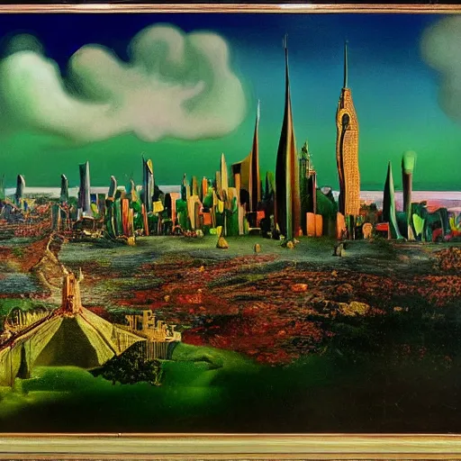 Prompt: a highly detailed matte painting of a glowing emerald city in oz by salvador dali, 8 k resolution