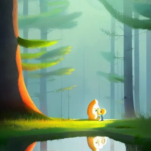 Prompt: goro fujita ilustration a beautiful forest with tall and short trees, with lots of vegetation, reflected in a lake, the rays of light go through the forest, characters drawn with simple shapes appearing through the illustration, painting by goro fujita, sharp focus, highly detailed, artstation