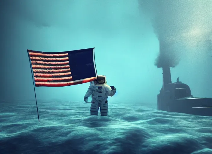 Image similar to astronaut underwater putting a flag on the bottom of the ocean. in the background, a submarine is visible. dark, cinematic, dramatic, digital art, blender, photorealistic, octane render, 8 k, volumetric lighting, trending on artstation