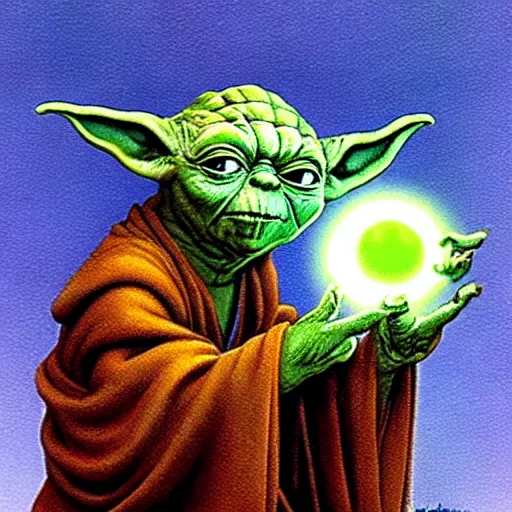 Prompt: Yoda pondering his Orb by Todd Lockwood