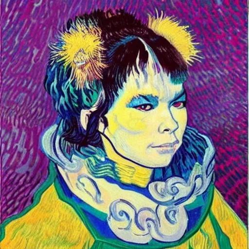 Image similar to very beautiful and very detailed and very colorful portrait of bjork, painted by van gogh