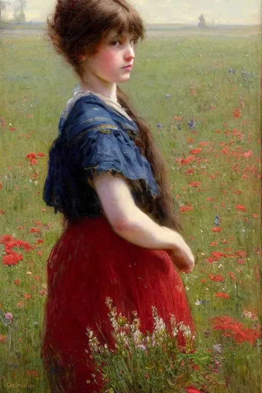 Image similar to Solomon Joseph Solomon and Richard Schmid and Jeremy Lipking victorian genre painting portrait painting of a plain young village girl in an open field of flowers, red background