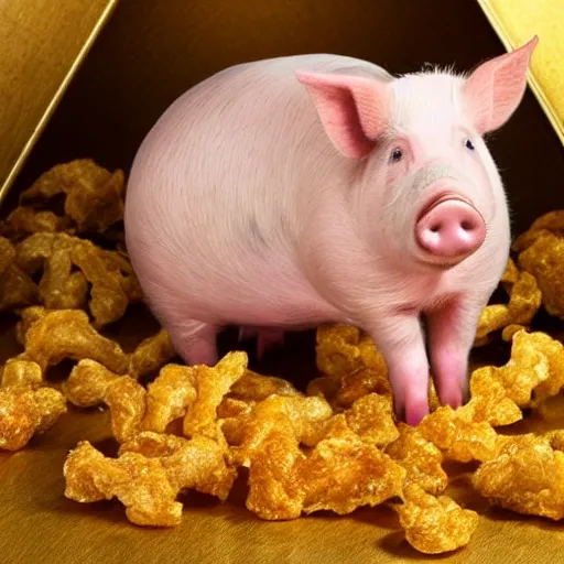 Image similar to pig wearing a gold crown swimming in bag of pork rinds