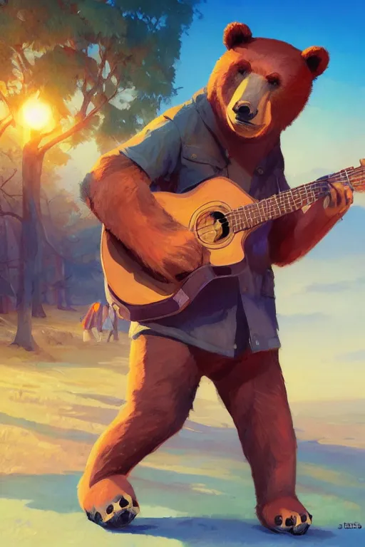 Image similar to Realistic bear as guitarman portrait, triangular v-shaped triangle of ukulele, by Jesper Ejsing, RHADS, Makoto Shinkai and Lois van baarle, ilya kuvshinov, rossdraws global illumination