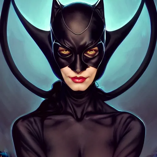 Image similar to symmetry!! intense fanart of catwoman, intricate, elegant, highly detailed, my rendition, digital painting, artstation, concept art, smooth, sharp focus, illustration, art by artgerm and greg rutkowski and alphonse mucha