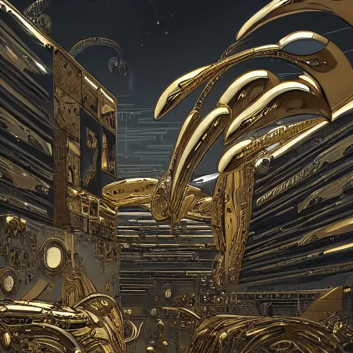 Prompt: gold and silver tones, cybernetic village on the outskirts of the universe, style of moebius, james jean, rutkowski, cinematic, high detail, award winning, 8 k photorealistic