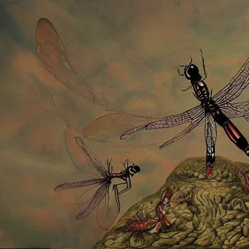 Image similar to the dragonflies rule over the earth, a detailed painting, horror