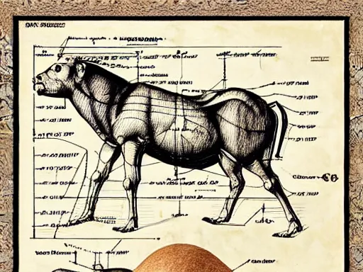 Image similar to blueprint technical drawing of a steak, schematic, sepia, old paper, art by da vinci