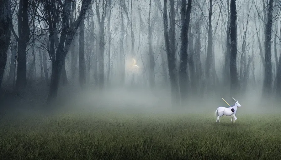 Image similar to A unicorn made out of balloons floats lonely through a dark foggy Forest, Digital Art, Photorealism, Hyper Realistic, Hyperdetailed, Movie Screenshot, iMAX Quality