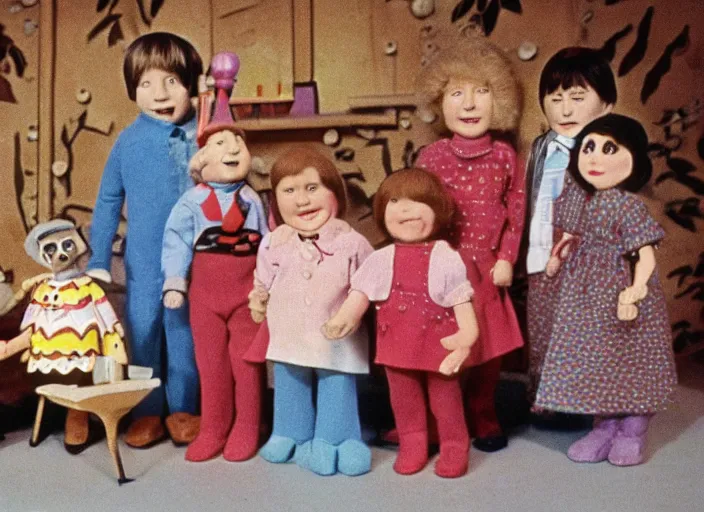 Image similar to a still from a 1 9 7 0 s british children ’ s tv programme by the bbc and oliver postgate, stop motion animation, vhs distortion