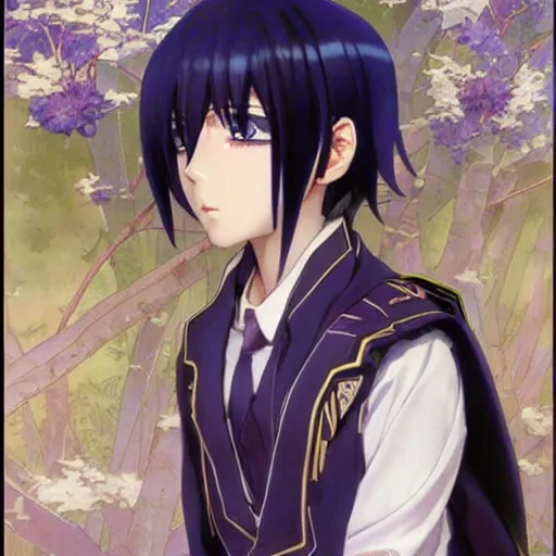 Image similar to small boy with black hair and blue purple eye, school uniform, anime style, hyper detailed, illustration, digital painting, art by artgerm and greg rutkowski and alphonse mucha, high delicate defined details, anime stylized, highly detailed, realistic, sharp focus