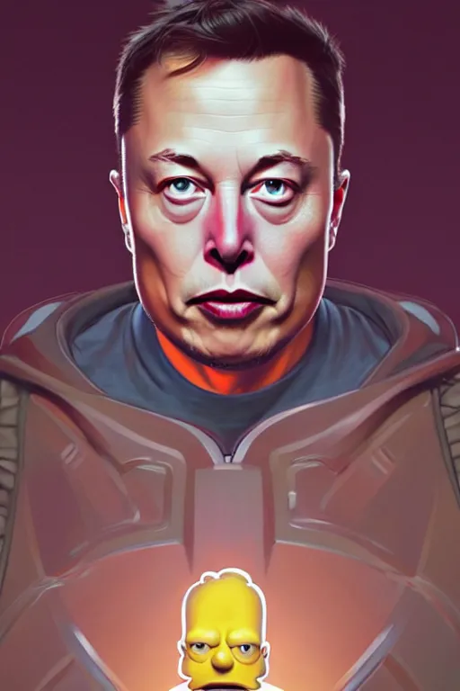 Image similar to elon musk as the simpsons character, portrait, symmetrical, highly detailed, digital painting, artstation, concept art, smooth, sharp focus, illustration, cinematic lighting, art by artgerm and greg rutkowski and alphonse mucha