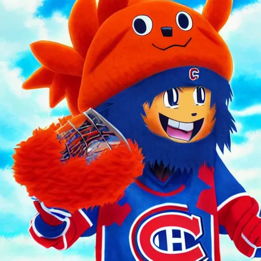 Image similar to anime Portrait of Youppi the Habs Montreal Canadiens Mascot as a very cute powerful and friendly pokemon in a Cheetos Ad, highly detailed anime, high evolution, 1990s, legendary, smooth, sharp focus, dynamic lighting, intricate, trending on ArtStation, cheetos pub, illustration pokemon, art by WLOP