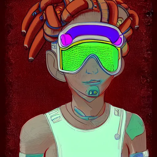 Image similar to in the style of ghostshrimp and bubbltek a highly detailed character concept illustration of a young mixed race male explorer wearing a cyberpunk headpiece