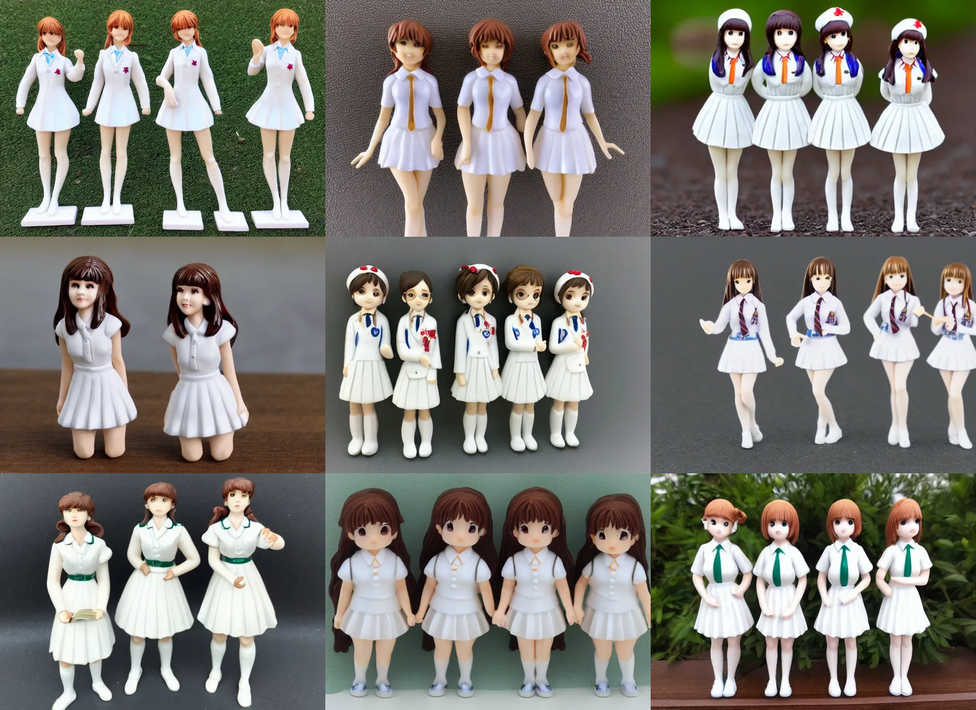 Prompt: Image on the store website, eBay, Full body, 80mm resin detailed miniature of three school girls in white summer uniforms, brown hair