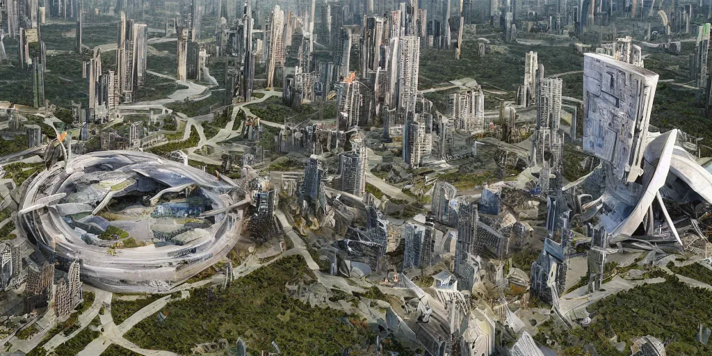 Prompt: future forest city attacked by spaceship, broken buildings, star trek, glory war, photograph