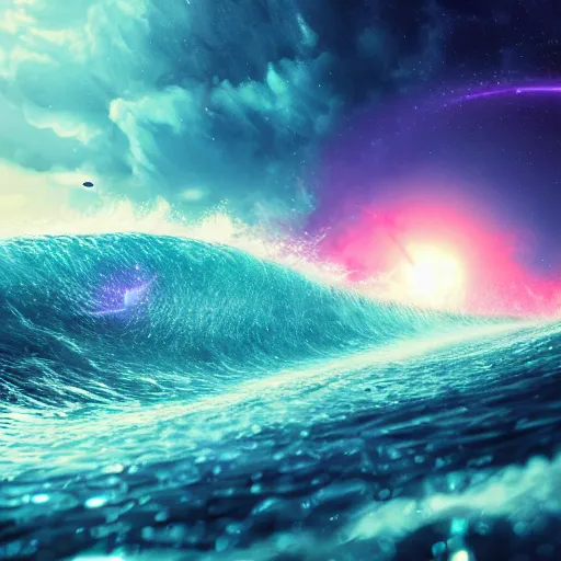 Image similar to photo of a alien surfing a surfboard on a crashing l wave of alien ocean in space, background is an alien galaxy, aliens in the background, alien colors, octane render, unreal engine, wide view, 8 k, high detaild