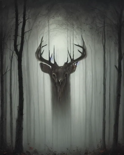 Prompt: oil painting of forest spirit made out of wooden sticks with a deer skull for a face, dark forest, fog, dark fantasy, gloomy, pale colors, by greg rutkowski