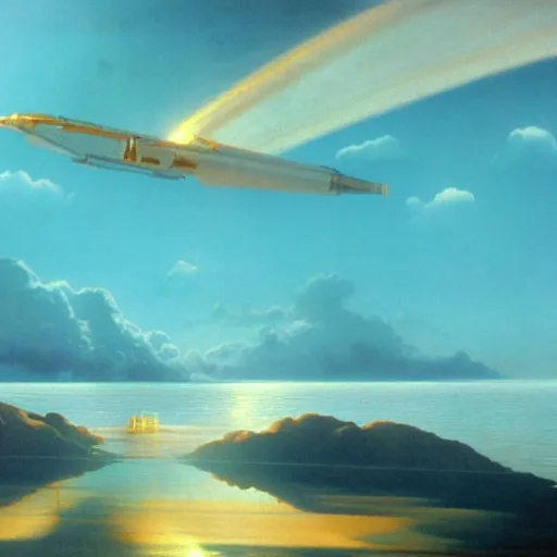 Image similar to beautiful matte painting of golden shores of a blue dreamy ocean, heavenly island in the clouds floating above the ocean, spaceship flying by, sci - fi, daylight, blue sky, cinematic lighting, cinematic perspective, syd mead, john harris, federico pelat