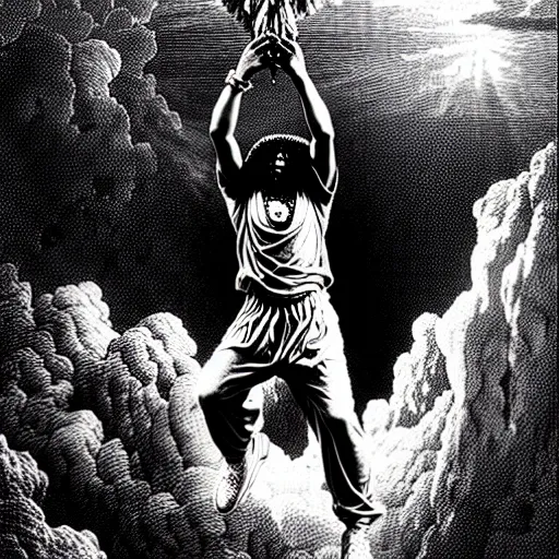 Image similar to cheef keef ascending into heaven holding actavis, biblical image, style of gustave dore, highly detailed, beautiful, high contrast, black and white