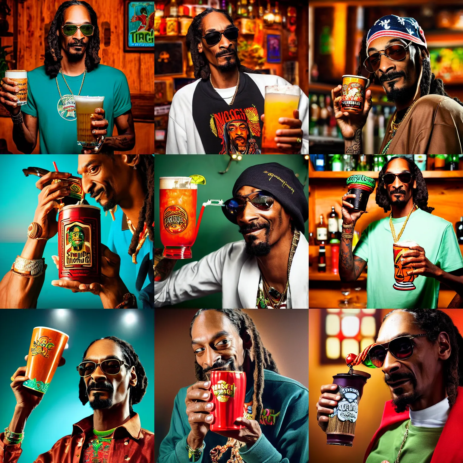 Prompt: a closeup photorealistic photograph of snoop dogg holding a trader vic's snoop dogg tiki mug the bar. brightly lit scene. this 4 k hd image is trending on artstation, featured on behance, well - rendered, extra crisp, features intricate detail, epic composition and the style of unreal engine.
