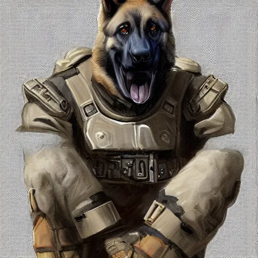 Image similar to a humanoid german shepherd beast - man in military style, sitting on the carpeted floor beside a bed, highly detailed portrait, digital painting, artstation, concept art, smooth, sharp foccus ilustration, artstation