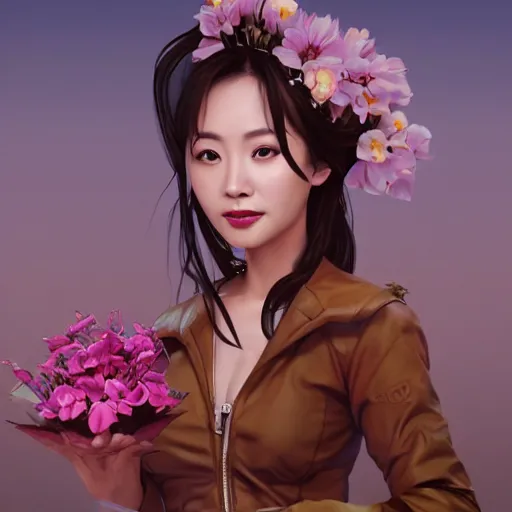 Image similar to portrait of hong jin - young, 홍진영, smiling with flowers in hands. sharp focus, cinematic pose, cinematic lighting, unreal engine render. art by josan gonzales and moebius and deathburger.