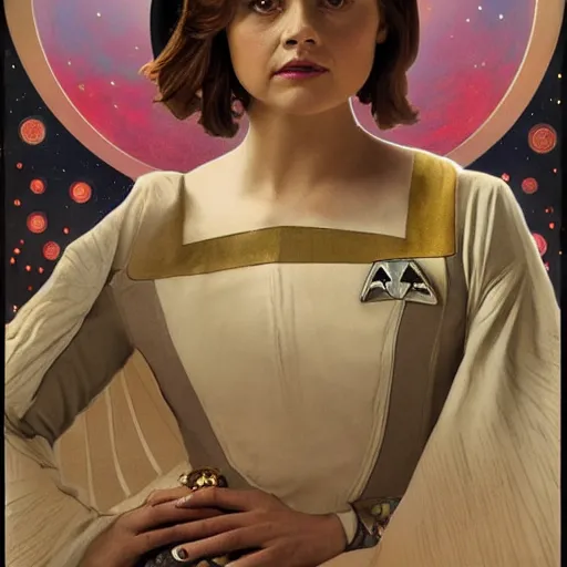 Prompt: jenna coleman as a star trek captain, a still from star trek painted by alphonse mucha.